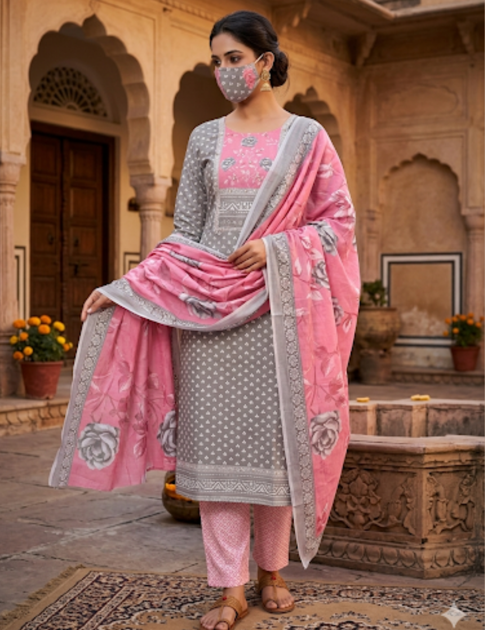 Soft Cotton Printed Unstitched Salwar - Grey