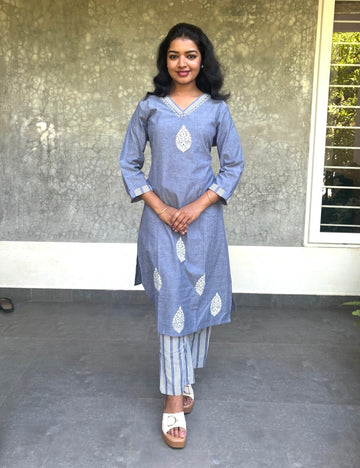 Denim Cotton Casual Kurta Set - Denim Blue