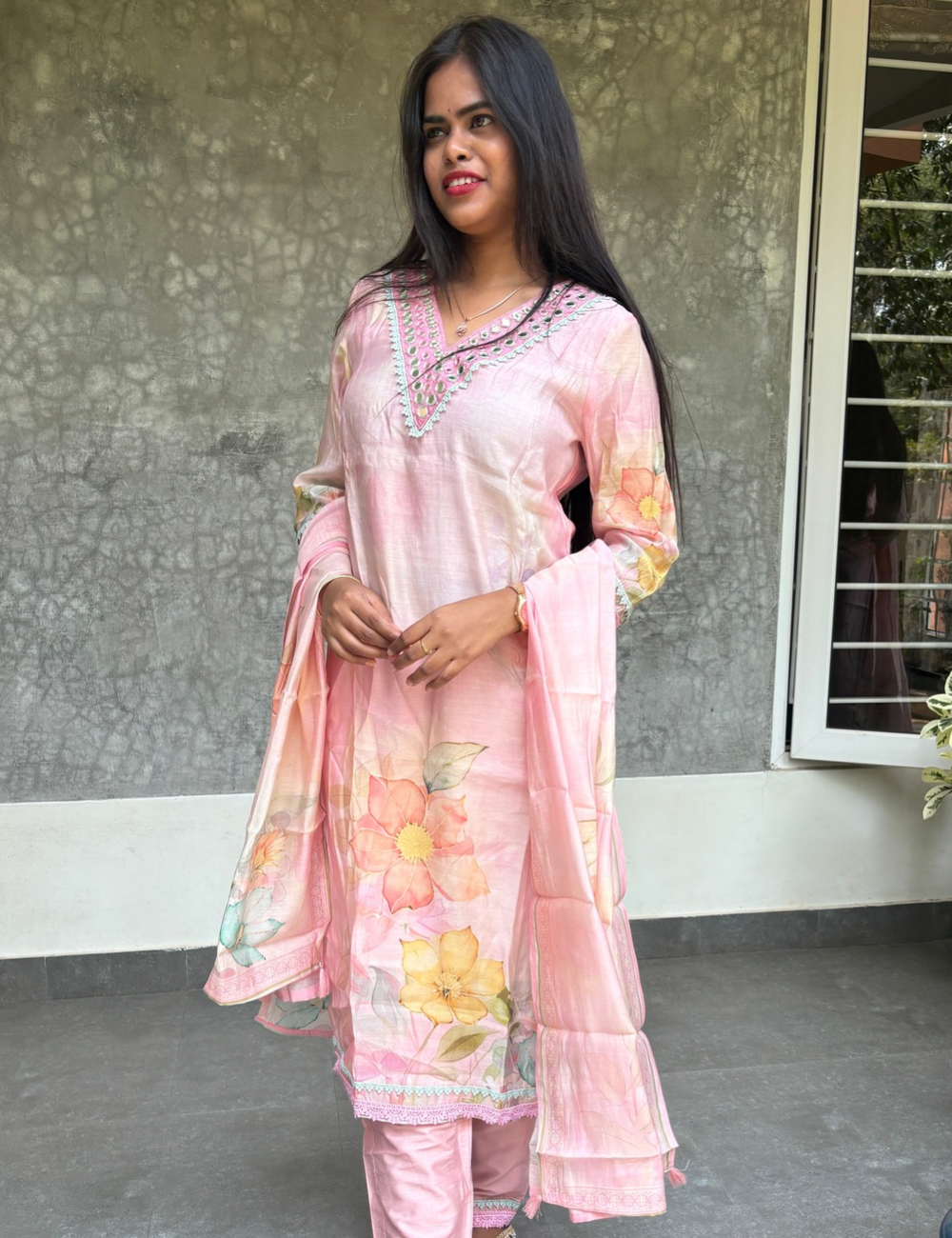 Muslin Silk Mirror Worked Designer Kurta Set with Floral Prints - Baby Pink
