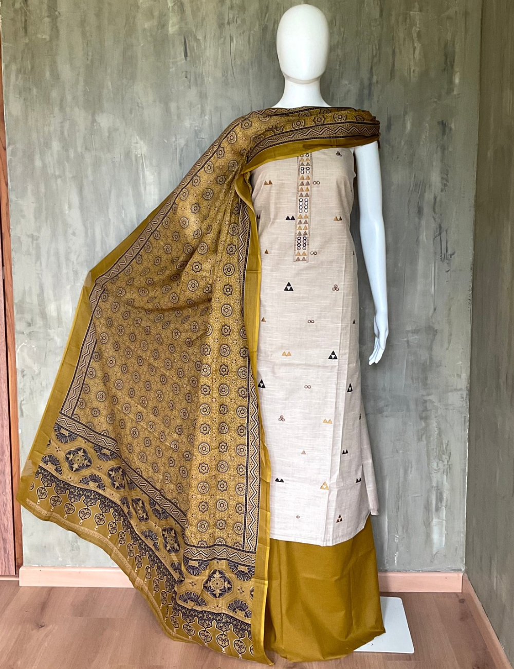 Khadhi Cotton Unstitched Salwar with Bandhini Cotton Dupatta - Beige