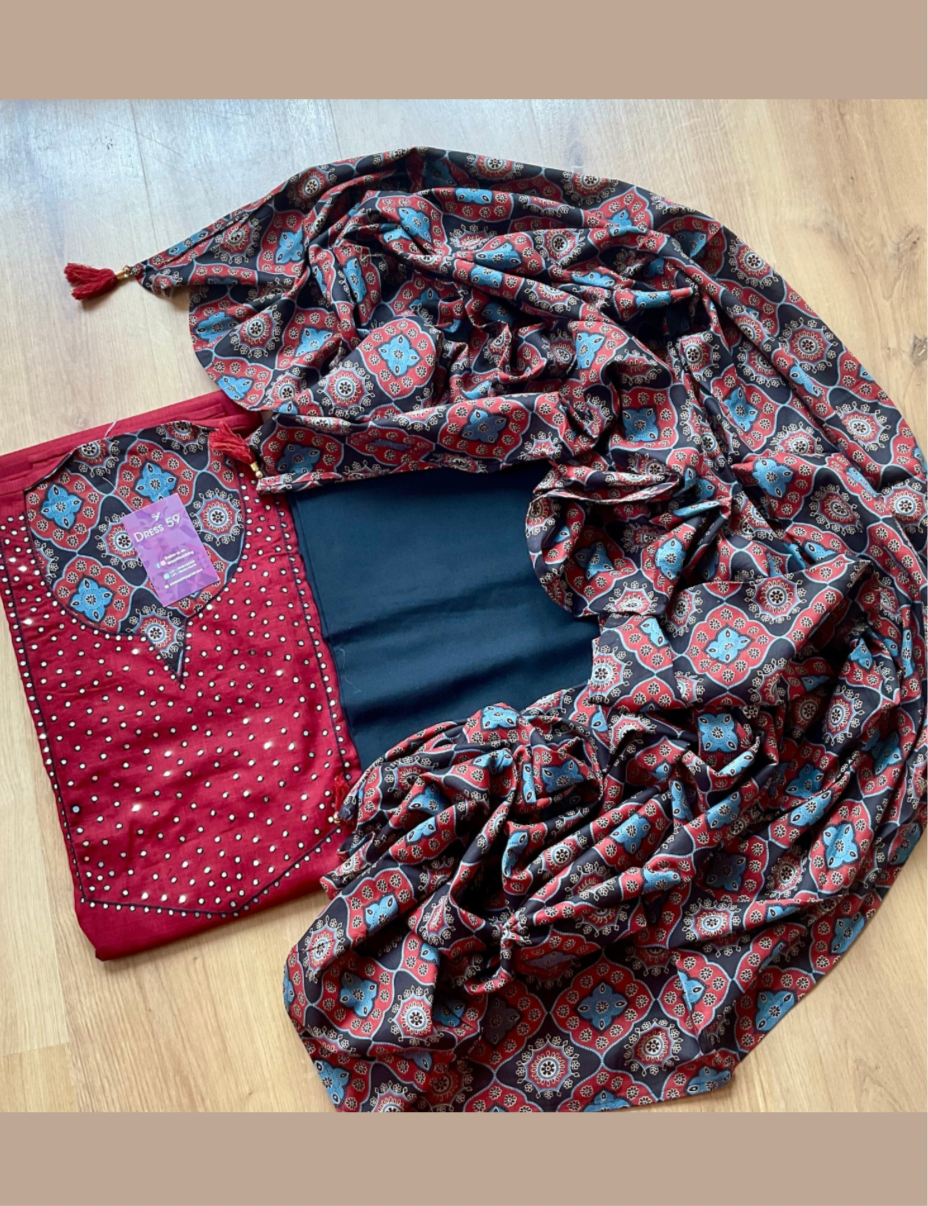 Cotton Mirror Worked Unstitched Salwar with Kalamkari Cotton Dupatta - Maroon