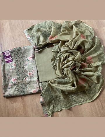 Floral Printed Soft Cotton Silk Unstitched Salwar - Pista Green