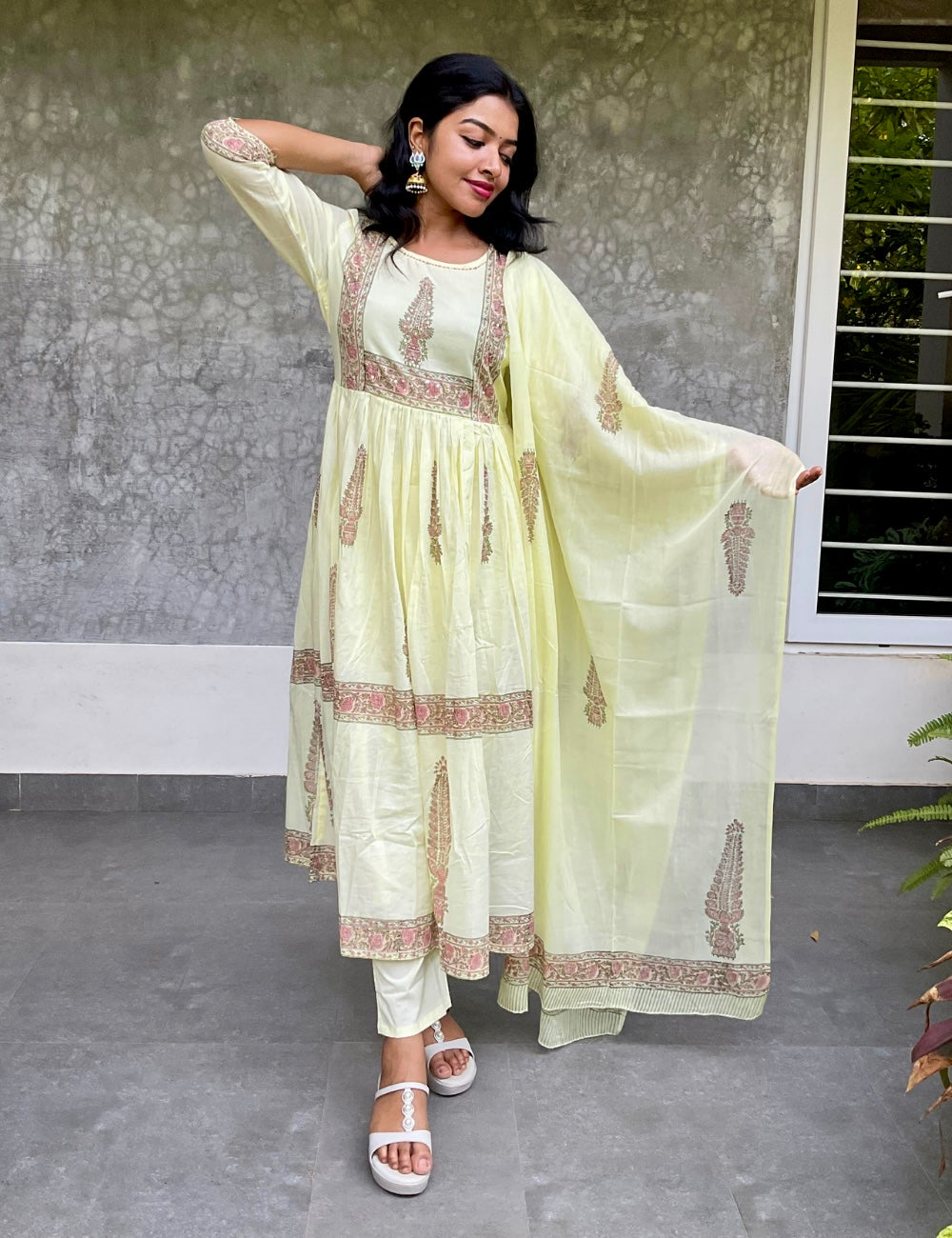 Floral Printed Mul Cotton Anarkali Kurta Set - Pastel Yellow
