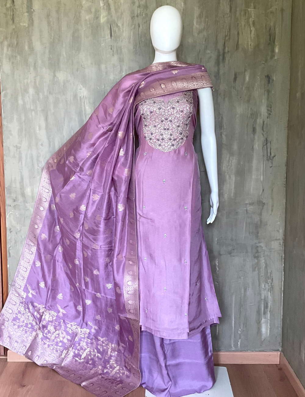 Soft Dola Silk Designer Unstitched Salwar with Pretty Floral Embroidery - Lavender