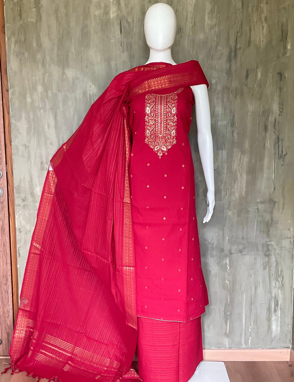 Cotton Traditional Ethnic Unstitched Salwar with Zari Dupatta - Red