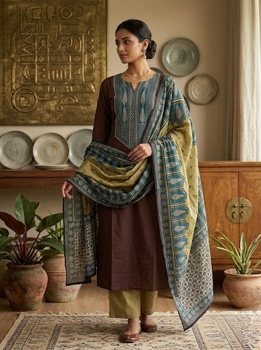 Ajrakh Patch Work Cotton Unstitched Salwar - Brown