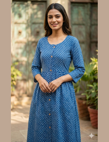 Printed Aline Cotton Midi Style Dress - Indigo Blue