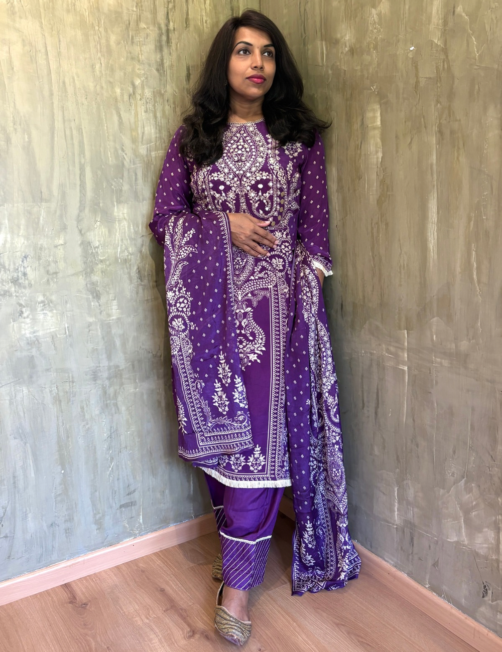 Gajji Silk Ethnic Printed Embellished Designer Kurta Set - Purple