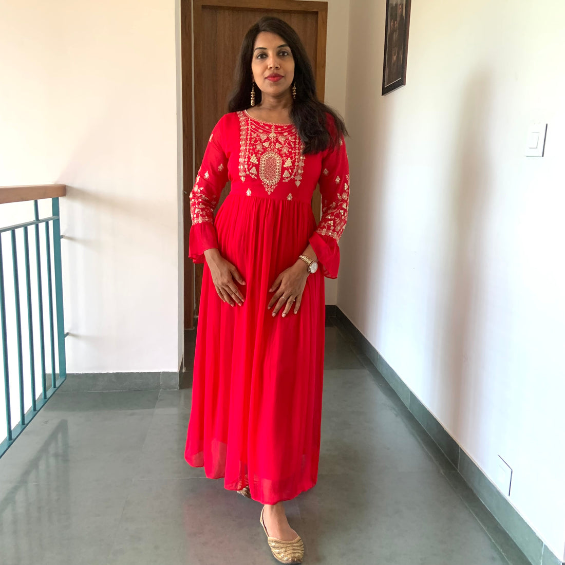 Georgette Embellishd Designer Maxi - Red
