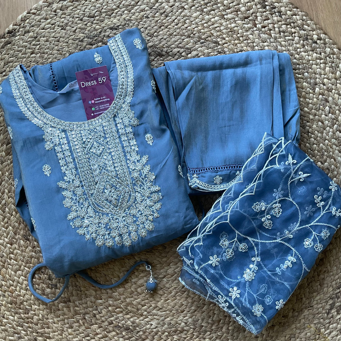 Shimmer Silk Designer Embellished Kurta Set with Organza Dupatta - Denim Blue