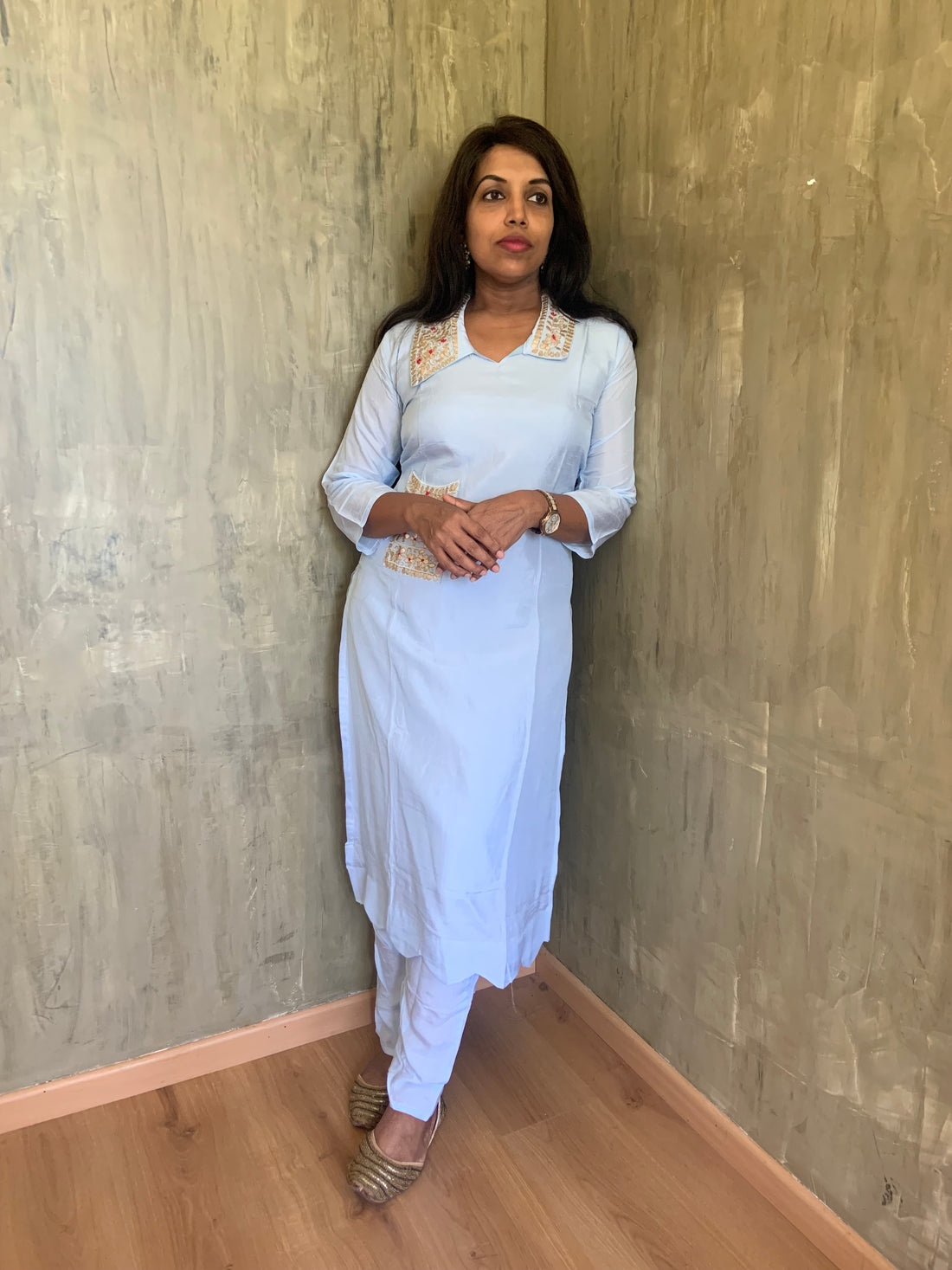 Muslin Silk Gota Worked Designer Coord Set - Light Blue