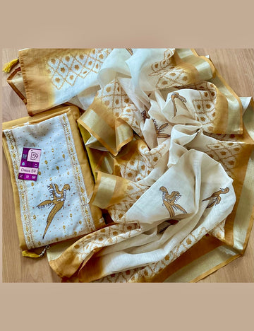 Bird Printed, Embroidered Cotton Unstitched Salwar - Mustard Yellow