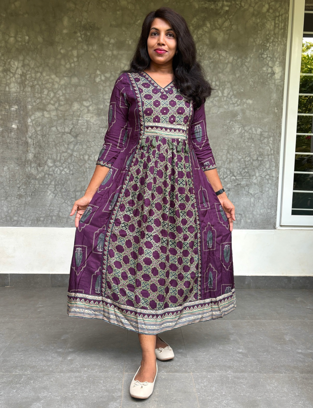 Muslin Silk Ethnic Printed Midi Style Dress - Purple