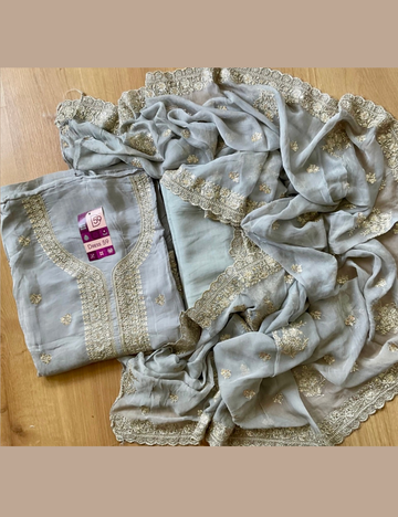 Muslin Silk Silver Thread Worked Designer Unstitched Salwar - Light Grey