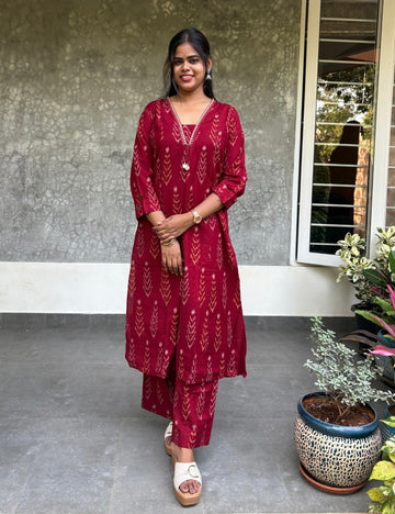 Ikat Cotton Aline Kurta Set - Maroon Red