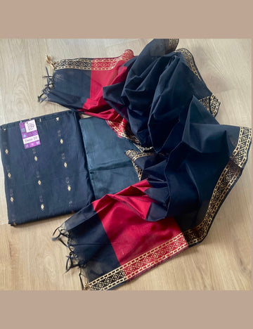 Silk Cotton Traditional Unstitched Salwar with Gold Butties - Black