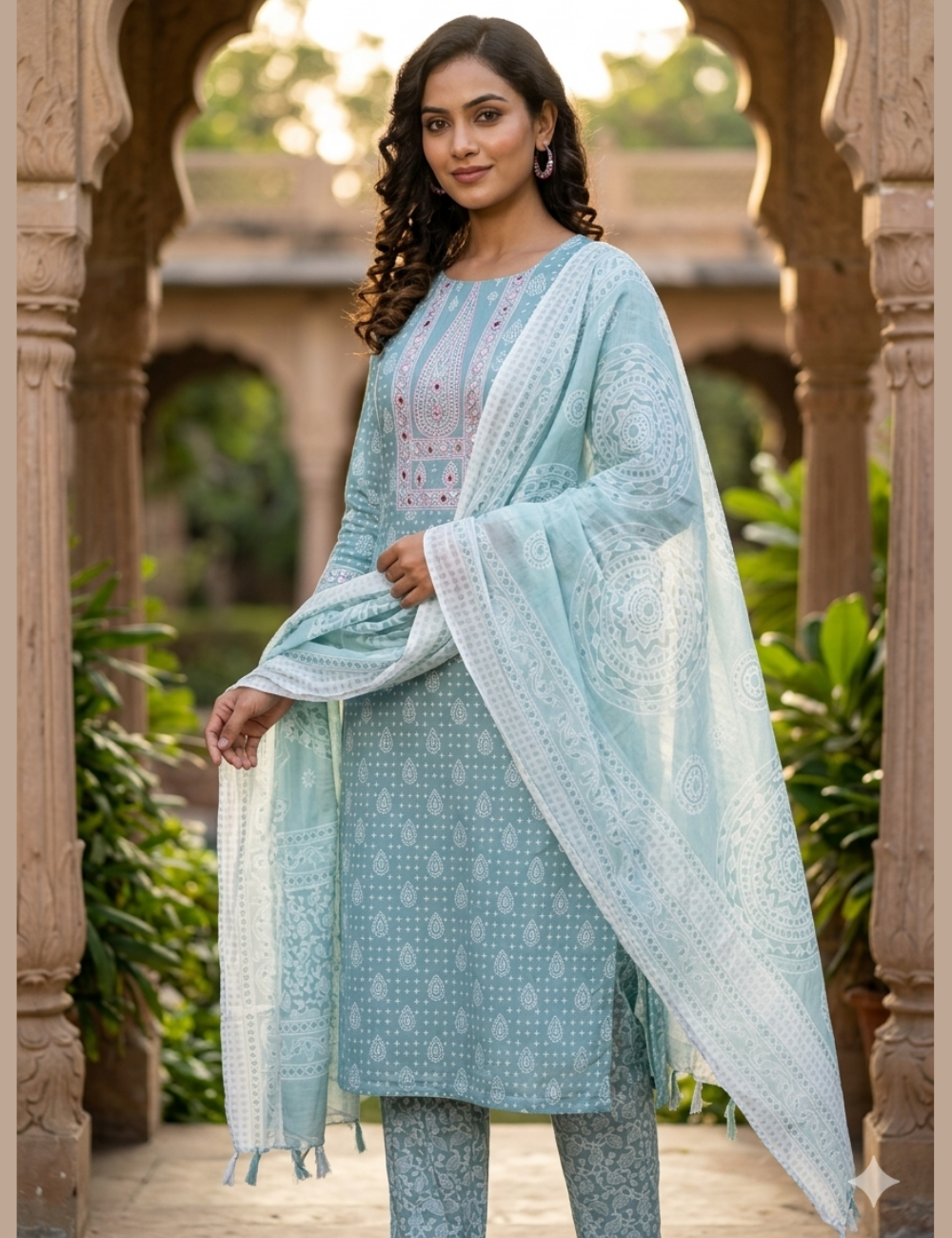 Hand Block Printed Cotton Unstitched Salwar - Pastel Green