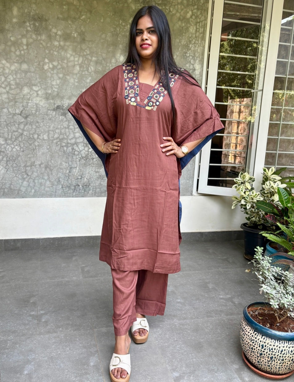 Rayon Cotton Mirror Worked Kaftan Kurta Set - Brown
