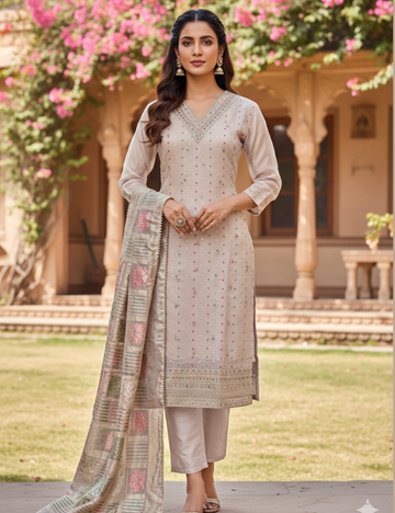 Tissue Silk Gold Foil Printed Kurta Set - Beige