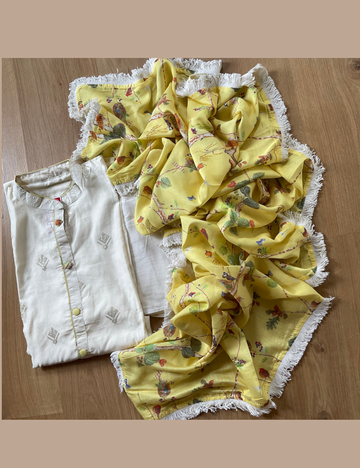 Muslin Silk Designer Unstitched Salwar with Floral Dupatta - Off-White