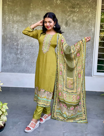 Chinon Silk Straight Cut Kurta Set with Heavy Mirror Work Dupatta - Olive Green