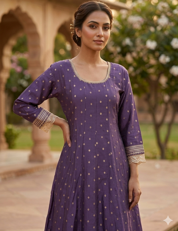 Soft Silk Gold Foil Printed Designer Aline Kurta - Purple