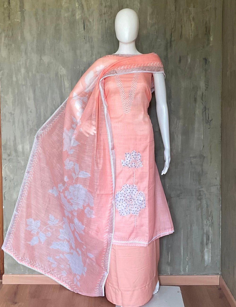 Linen Cotton Pearl Worked Designer Unstitched Salwar - Peach