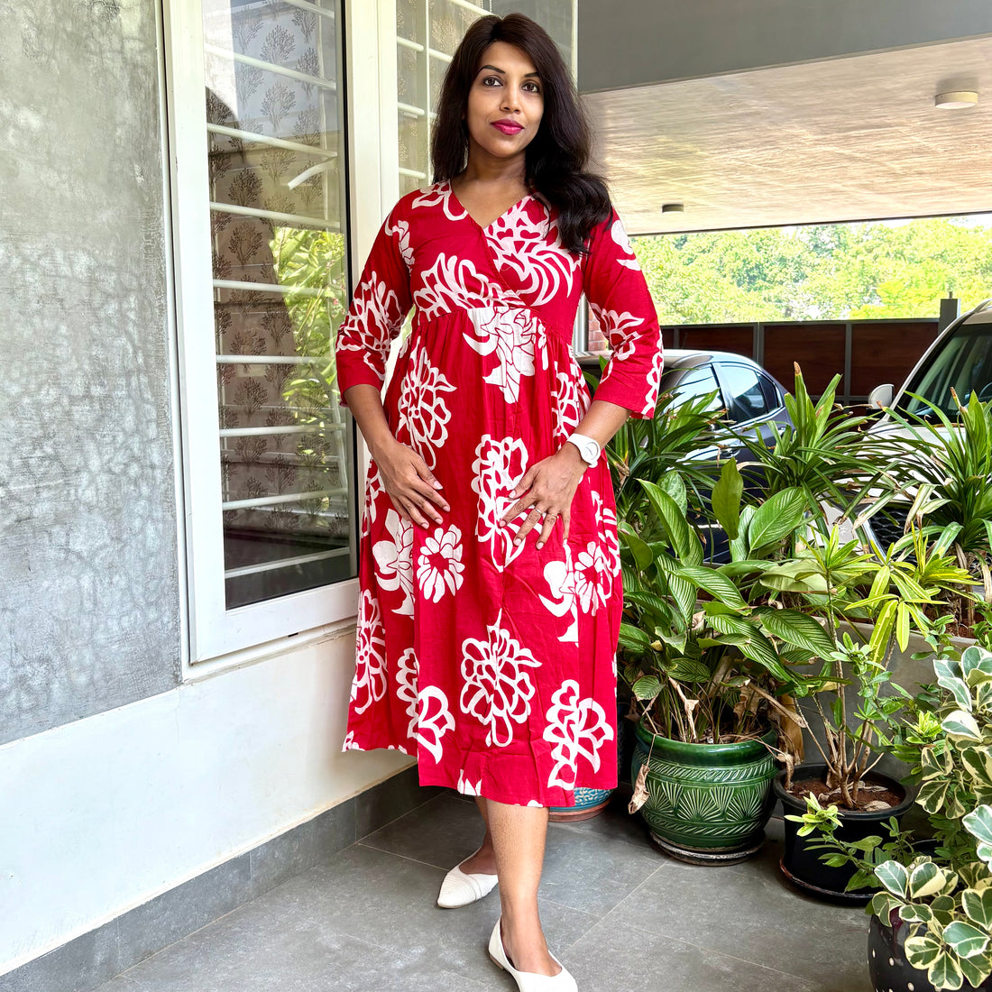 Floral Printed Aline Midi Style Dress - Red