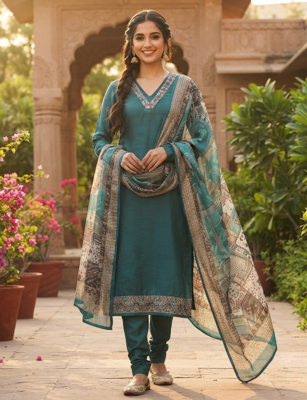 Kantha Embroidered Chanderi Silk Designer Unstitched Salwar - Rama Blue