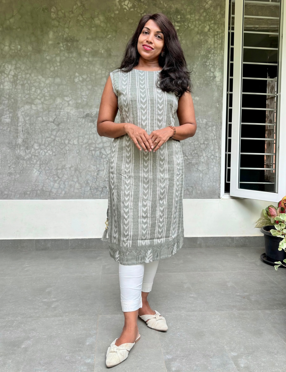 Batik Printed Soft Silk Blend Straight Cut Kurta - Cement Grey