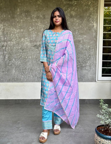 Gota Worked Muslin Silk Designer Kurta Set with Kota Dupatta - Blue