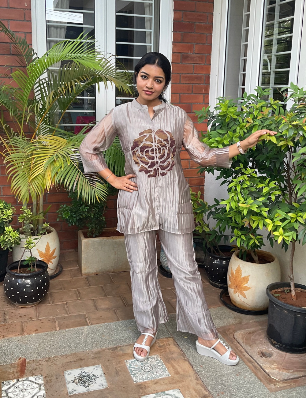 Designer Soft Tissue Silk Co-Ord Set - Taupe Grey