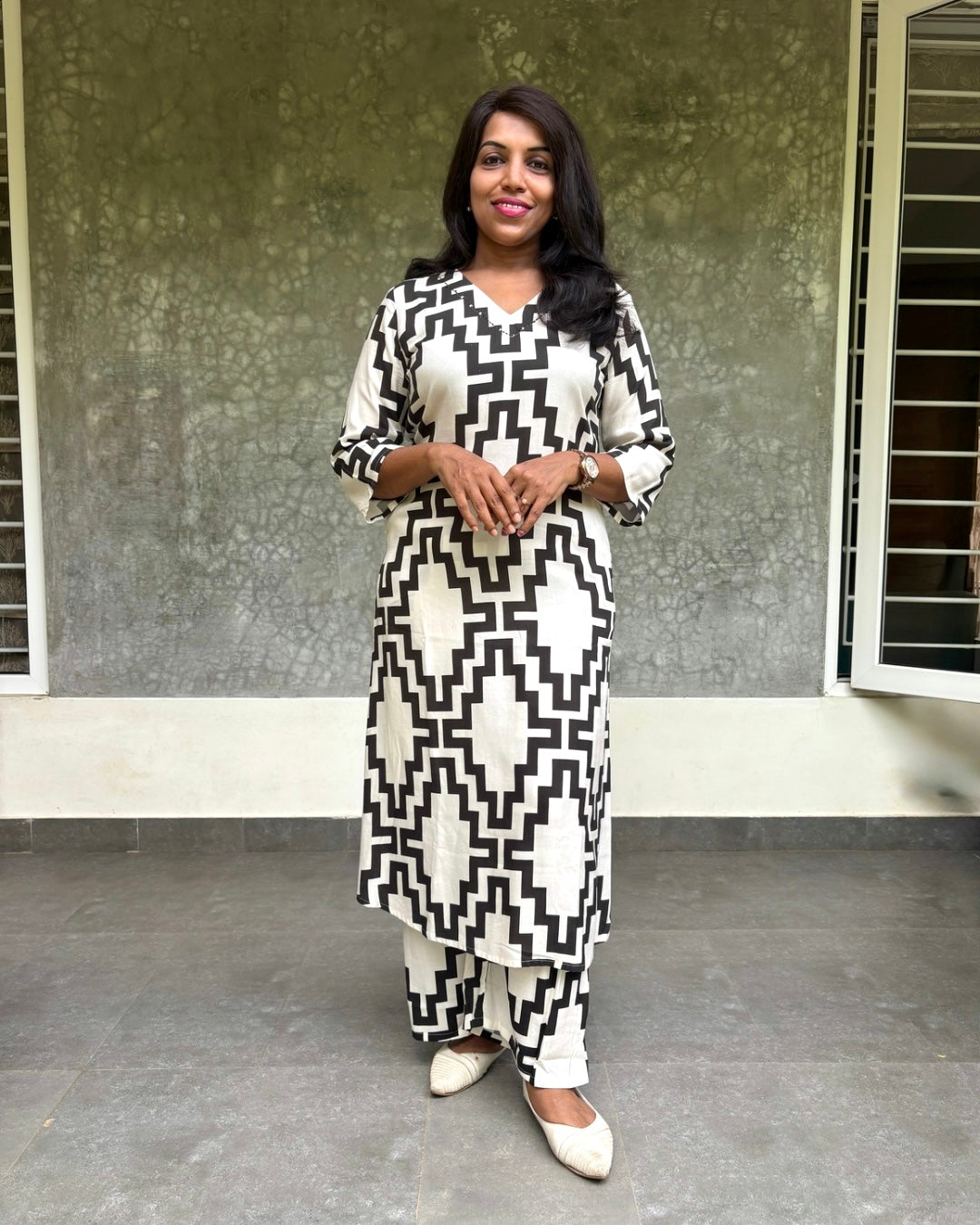 Rayon Cotton Casual Coord Set - Black and White