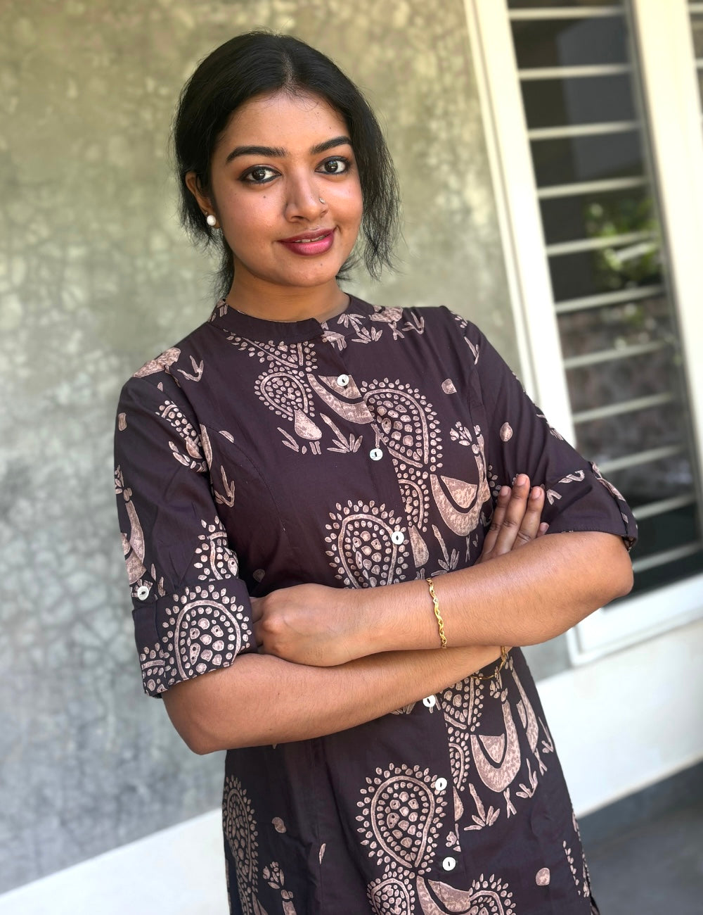 Printed Cotton Aline Casual Wear Kurta Set - Brown