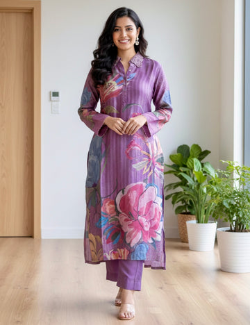 Soft Muslin Silk Designer Aline Kurta Set with Cutwork Neckline - Purple