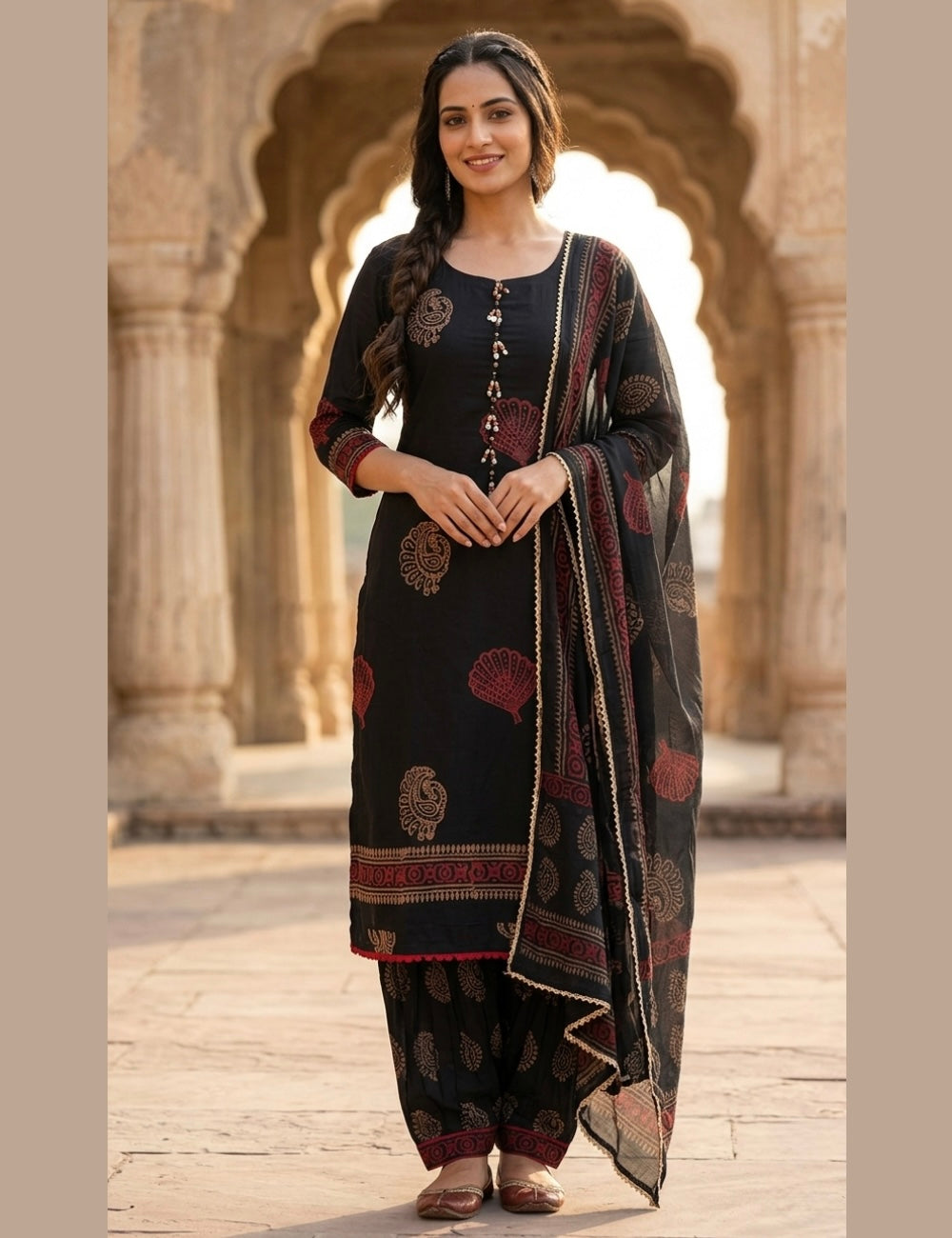 Premium Cotton Designer Unstitched Salwar with Ethnic Prints - Black