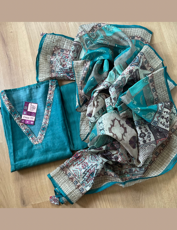 Kantha Embroidered Chanderi Silk Designer Unstitched Salwar - Rama Blue