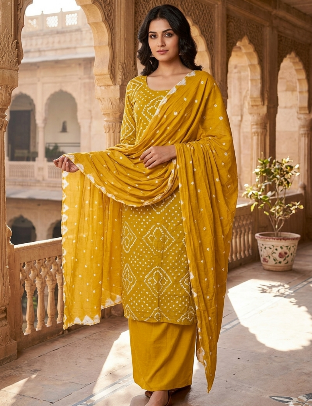 Bandhini Printed Cotton Unstitched Salwar - Mustard