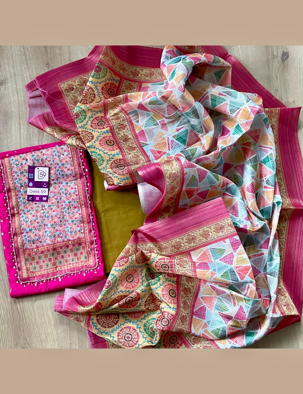 Silk Cotton Traditional Unstitched Salwar with Tissue Silk Patch Work - Rani Pink