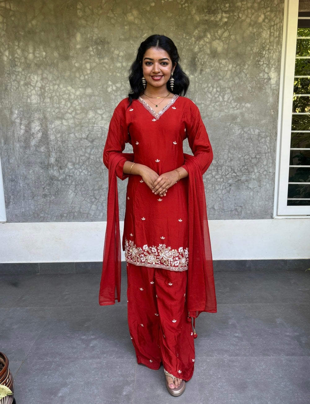 Chinon Silk Pearl Worked Designer Kurta Set with Embellished Palazzo Bottom - Rust Orange