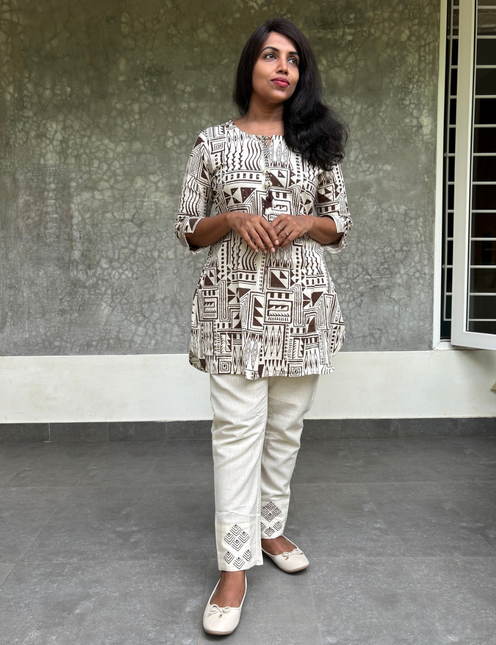 Geometric Printed Cotton Co-Ord Set - Off White