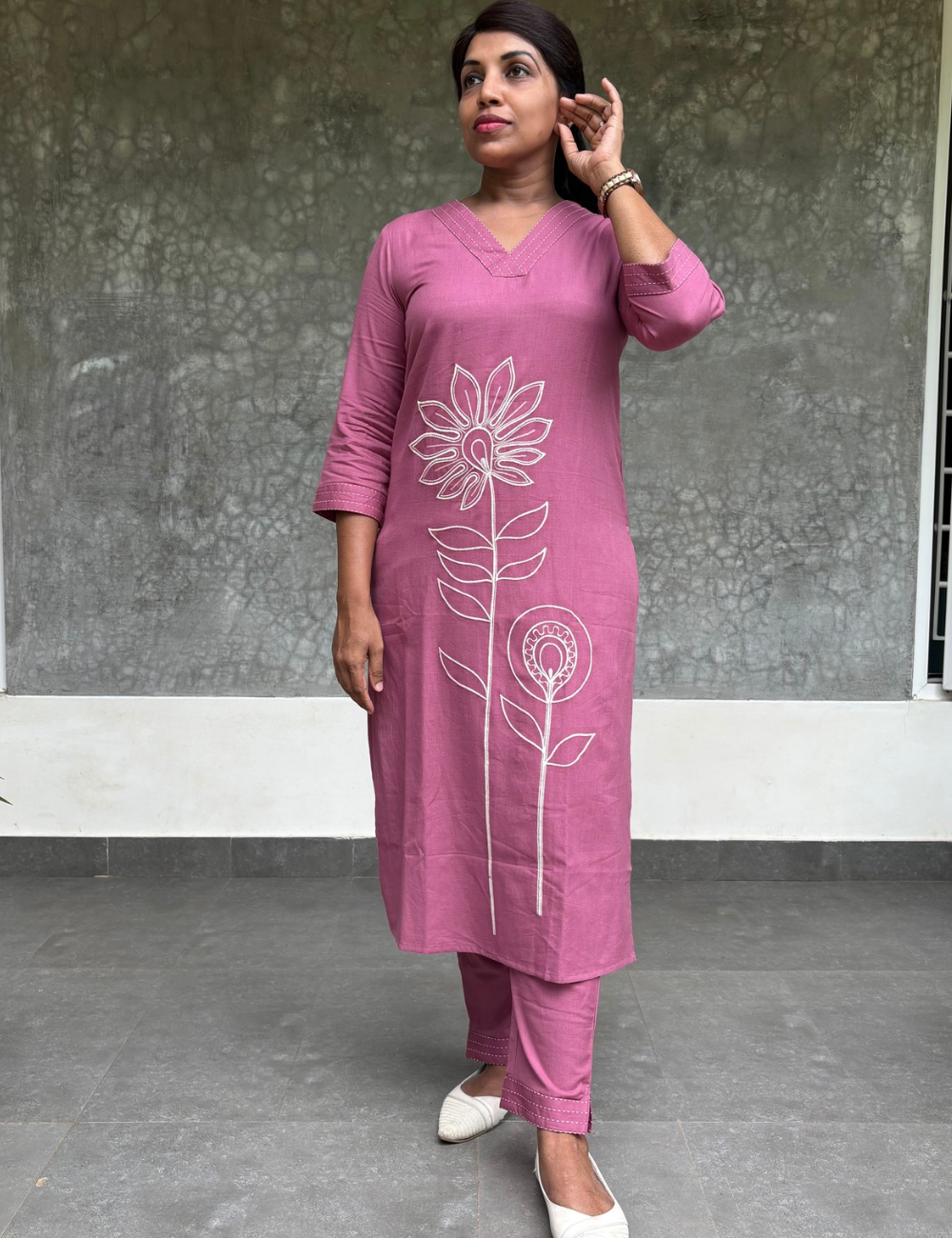 Floral Embroidered Straight Cut Cotton Kurta Set - Lotus Pink