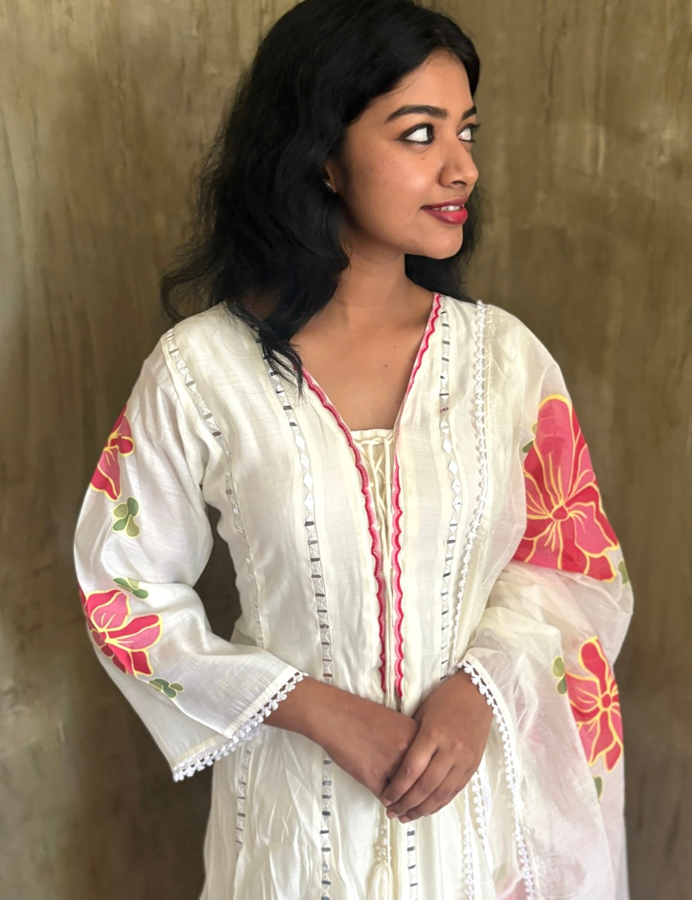Muslin Silk Designer Mirror Work ALine Designer Kurta Set - White