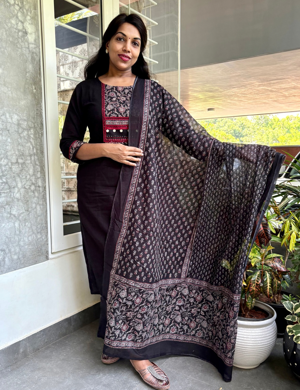 Kalamkari Patch Worked Cotton Kurta Set with Ajrakh Dupatta - Black