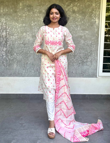 Jamdhani Cotton Straight Cut Designer Kurta Set - White with Pink