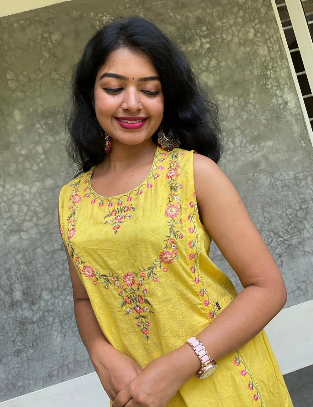Floral Embroidered Cotton Kurta Set with Side Detailing - Yellow