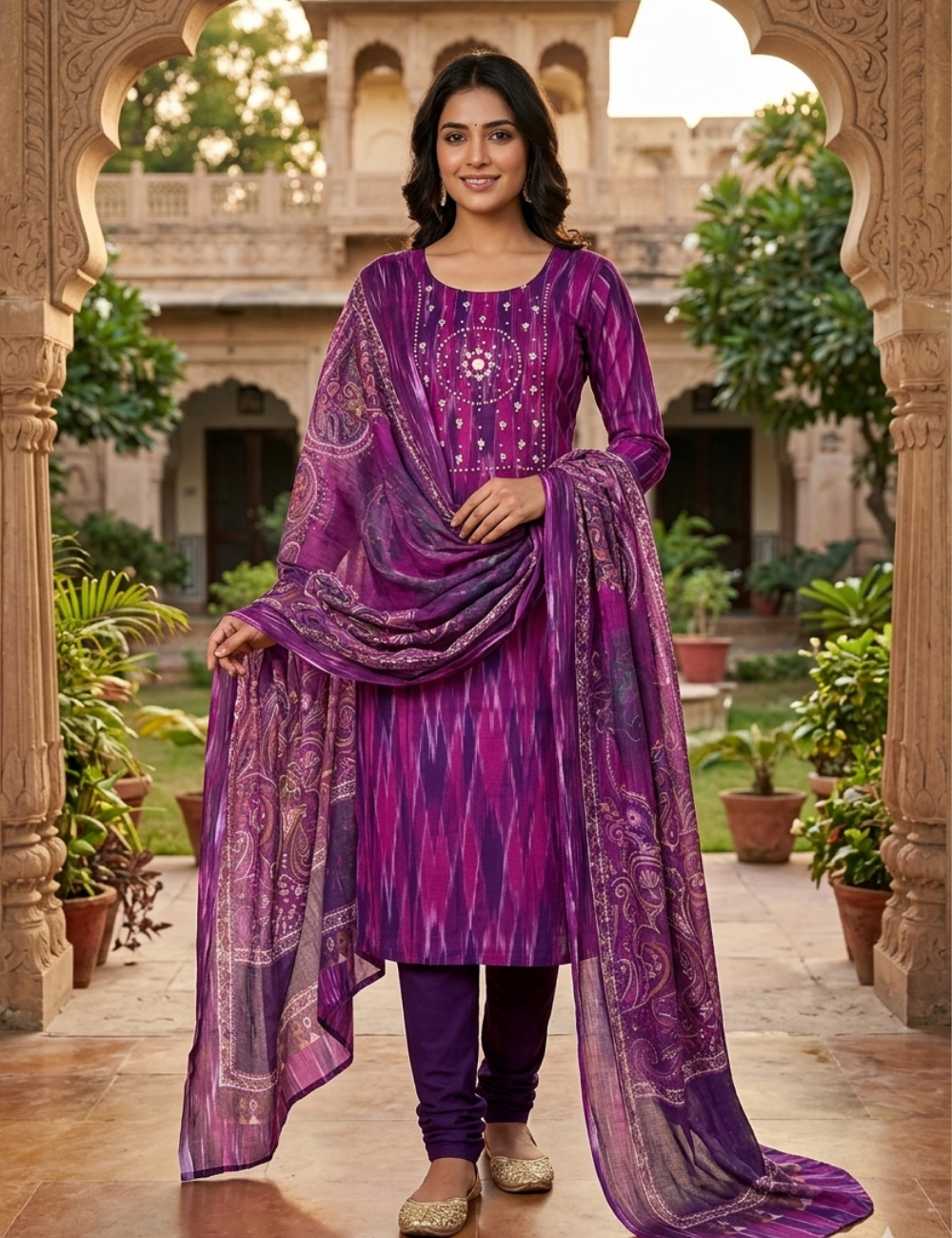 Ikat Cotton Pearl Worked Unstitched Salwar - Dark Purple