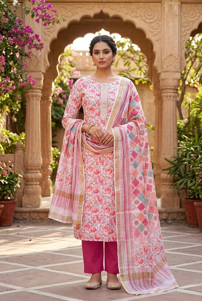 Floral Printed Linen Cotton Unstitched Salwar - Dusty Pink