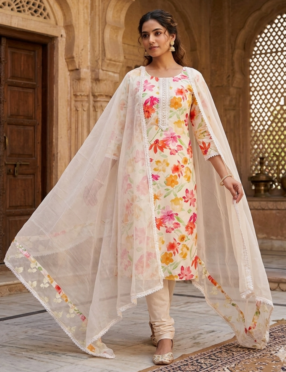 Floral Muslin Silk Designer Unstitched Salwar - Off White