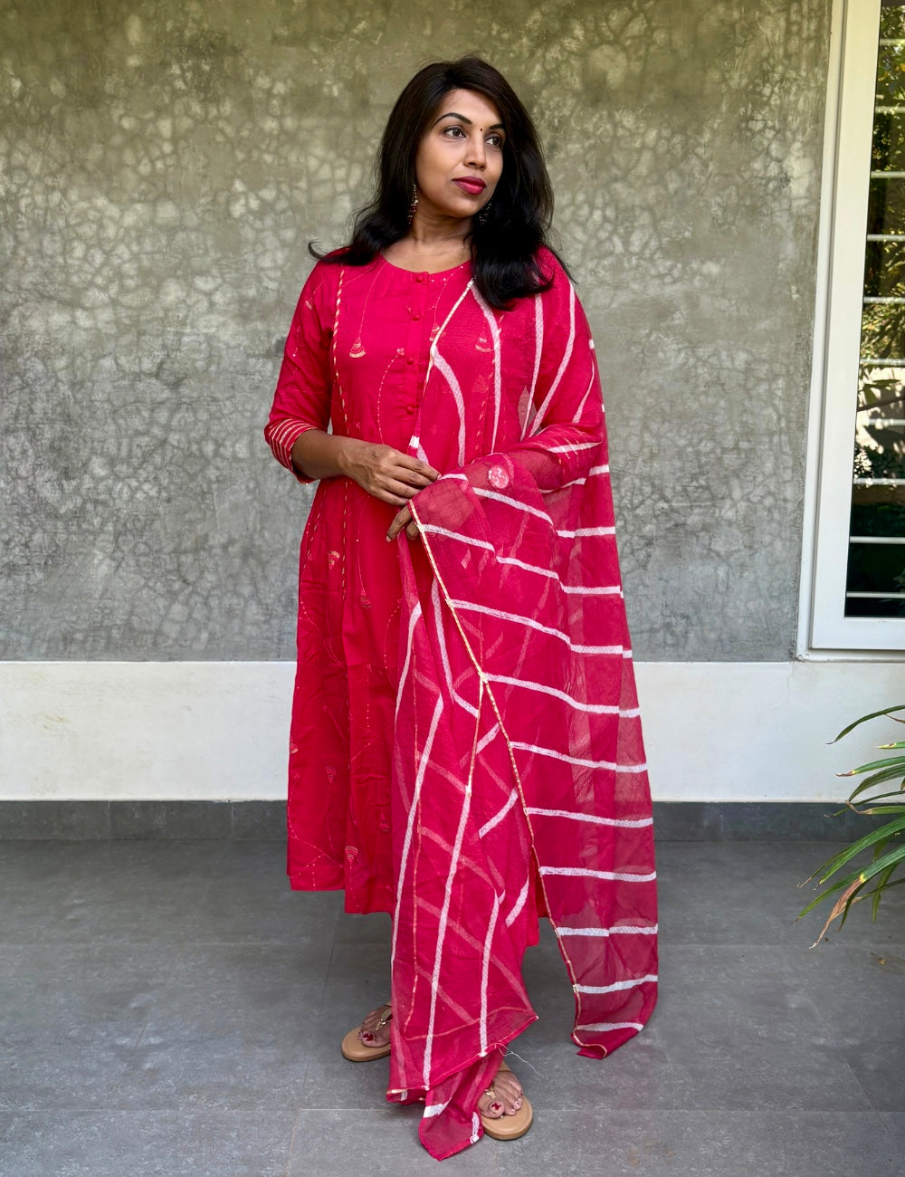Gota Worked Cotton Aline Kurta Set with Kota Dupatta - Red